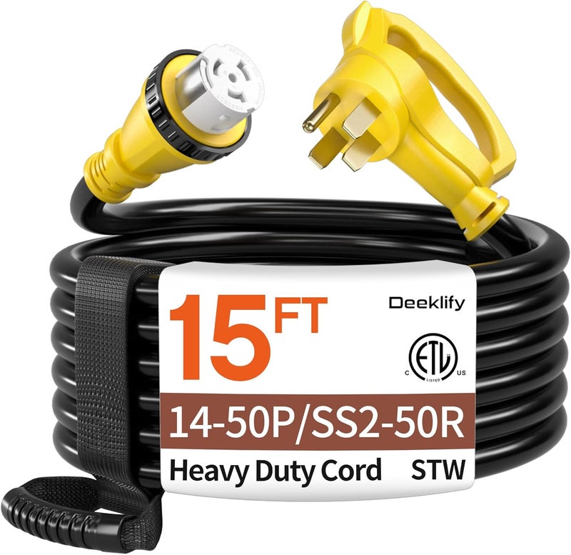 Deeklify 15FT 50 Amp Generator Cord, NEMA 14-50P/SS2-50R Heavy-Duty 4 Conductors Cable, Pure Copper STW RV Extension Cord, Female Plug with Twist Lock, Suitable for RV or Camper, ETL Listed - Image 1